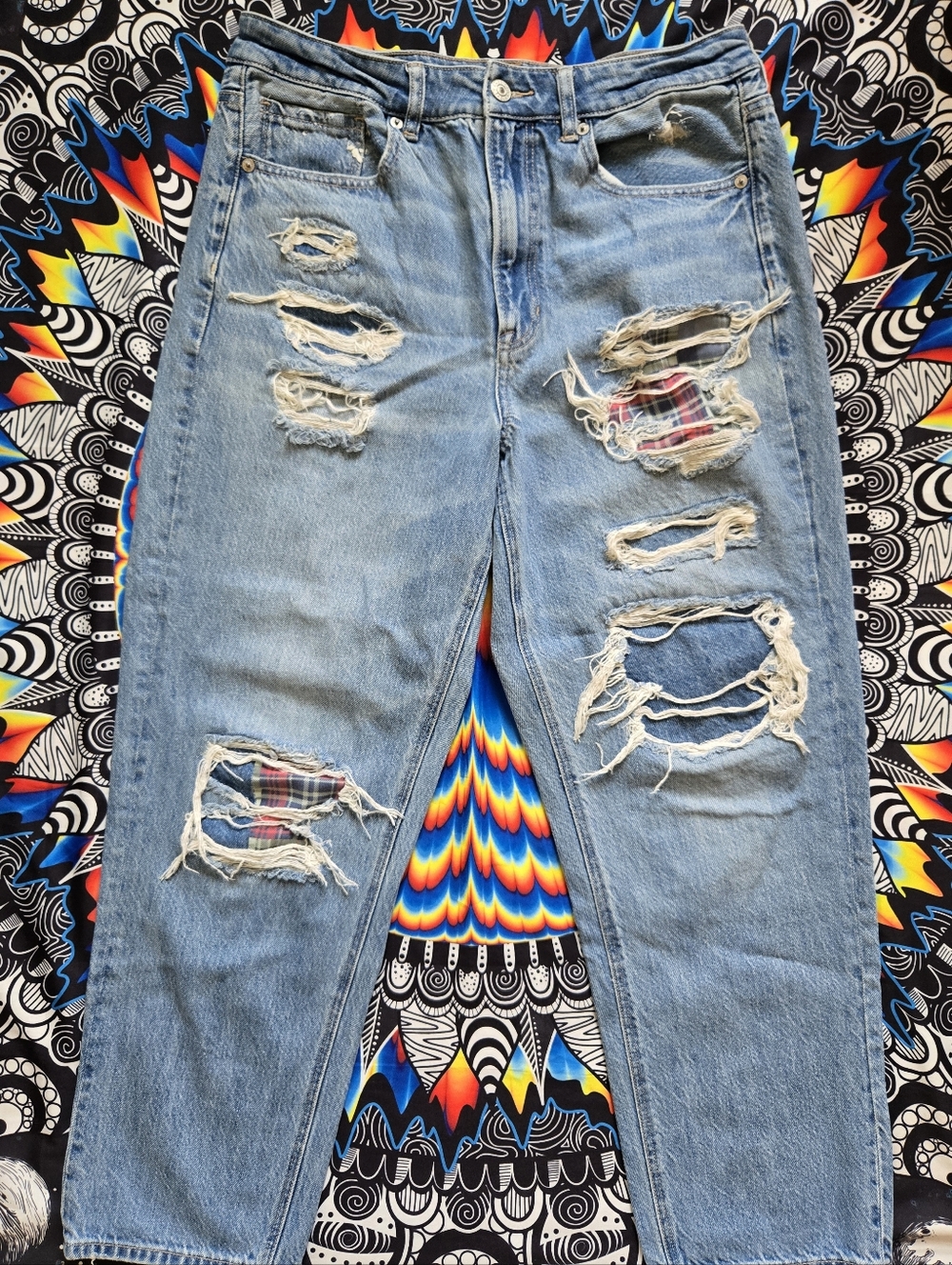 Distressed Plaid Patch Jeans